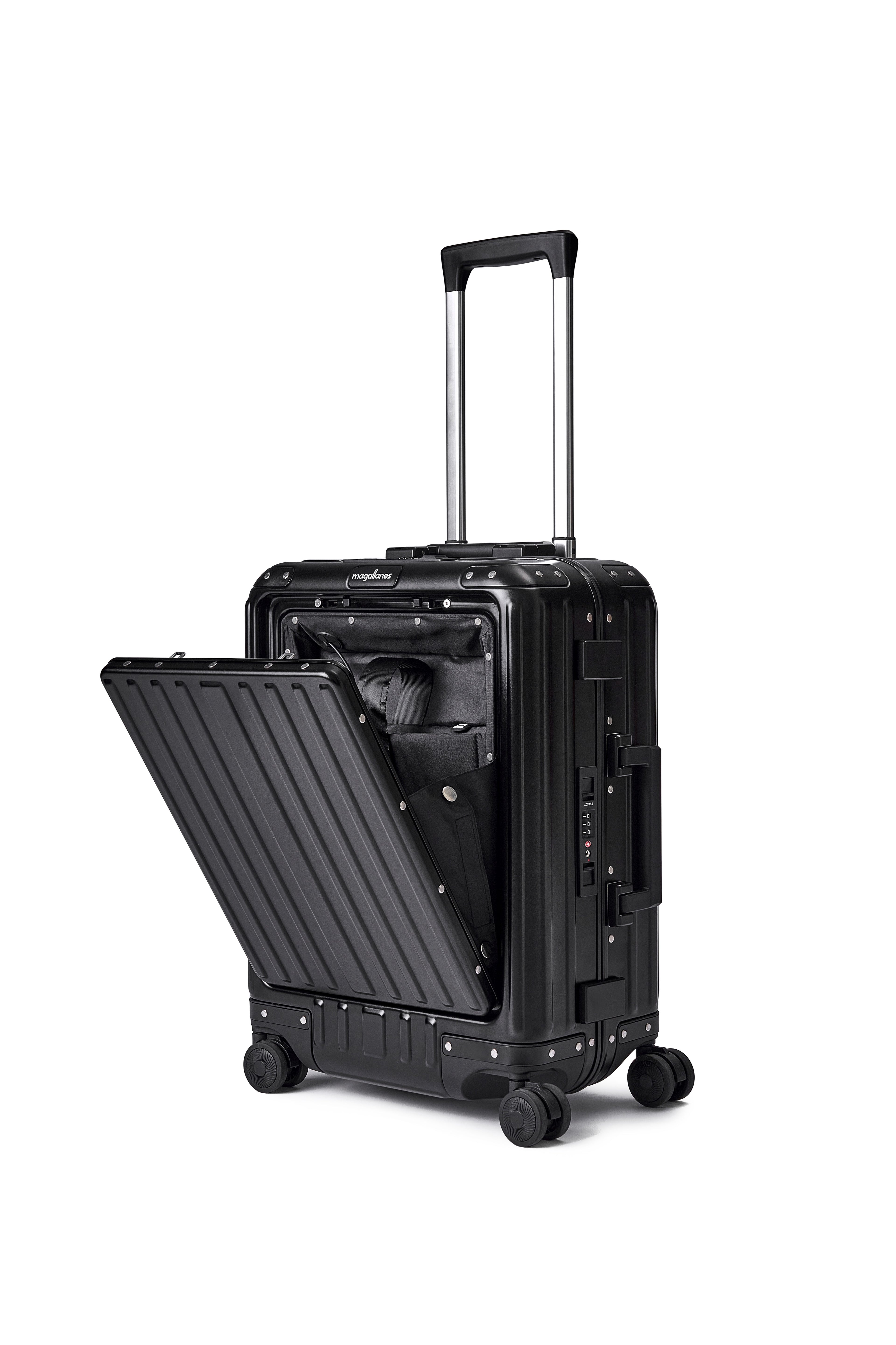 MAGALLANES 20 Inch All Aluminum Carry On Luggage with Front Pocket - Black